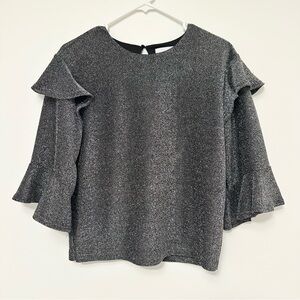 J.O.A. Just One Answer Metallic Silver Bell Sleeve Ruffled Blouse Women's Small